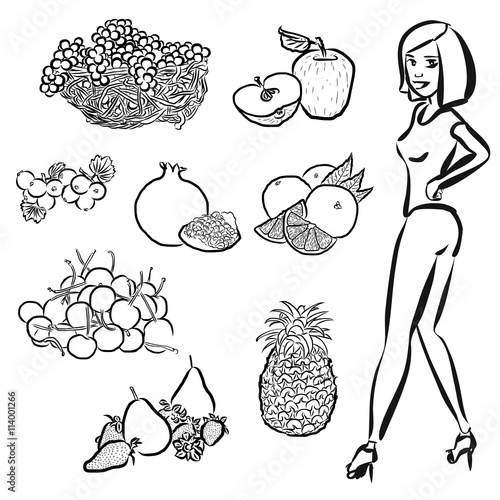Fruits Outline Sketches with nice healty Girl