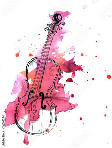 Pen and ink drawing of vintage violin with watercolor stain