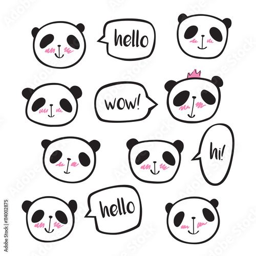 Fototapeta Naklejka Na Ścianę i Meble -  Set of hand drawn cute pandas with speech bubble. Doodles, sketch for your design. Vector illustration