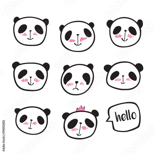 Fototapeta Naklejka Na Ścianę i Meble -  Set of hand drawn cute pandas with speech bubble. Doodles, sketch for your design. Vector illustration.