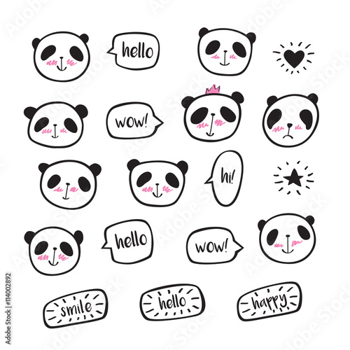 Fototapeta Naklejka Na Ścianę i Meble -  Set of hand drawn cute pandas with speech bubble. Doodles, sketch for your design. Vector illustration.