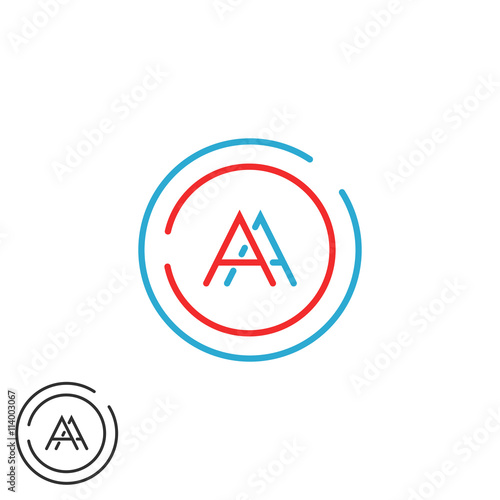 Fusion two letters AA logo monogram, modern hipster blue and red circle frame thin line a initials