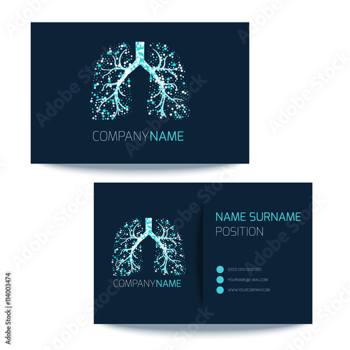Medical business card template with lungs filled with air bubbles on dark background. Vector lungs logo graphic design for pulmonary clinics and medical centers. Medical card corporate identity. 
