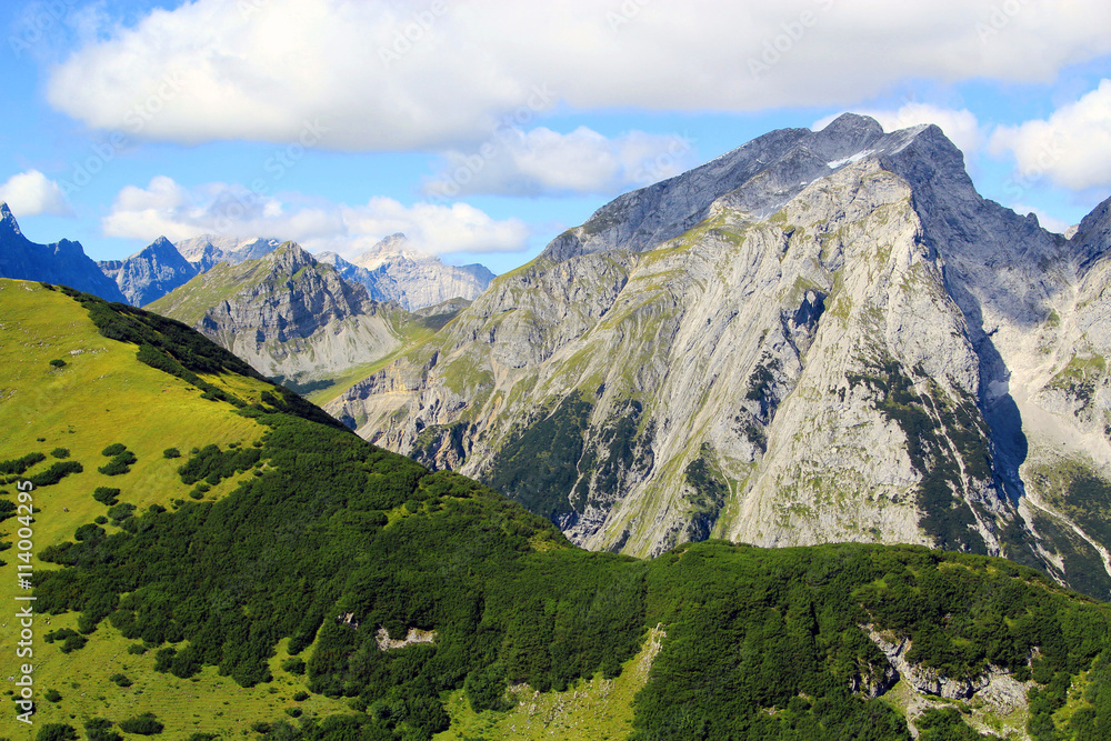 view on a green mountain face in the karwendel mountains in the alps