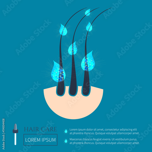 Hair follicles with serum essence drops. Hair care moisture formula treatment design. Hair treatment design template with place for your text. Hair care and strengthening concept. Vector illustration.