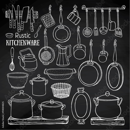 Sketch of pots, pans on blackboard in country style