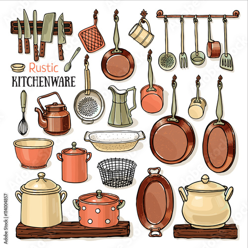 Many pans hanging in a retro kitchen