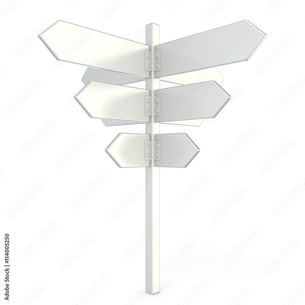 Blank, white signpost. 3D render illustration isolated on white background