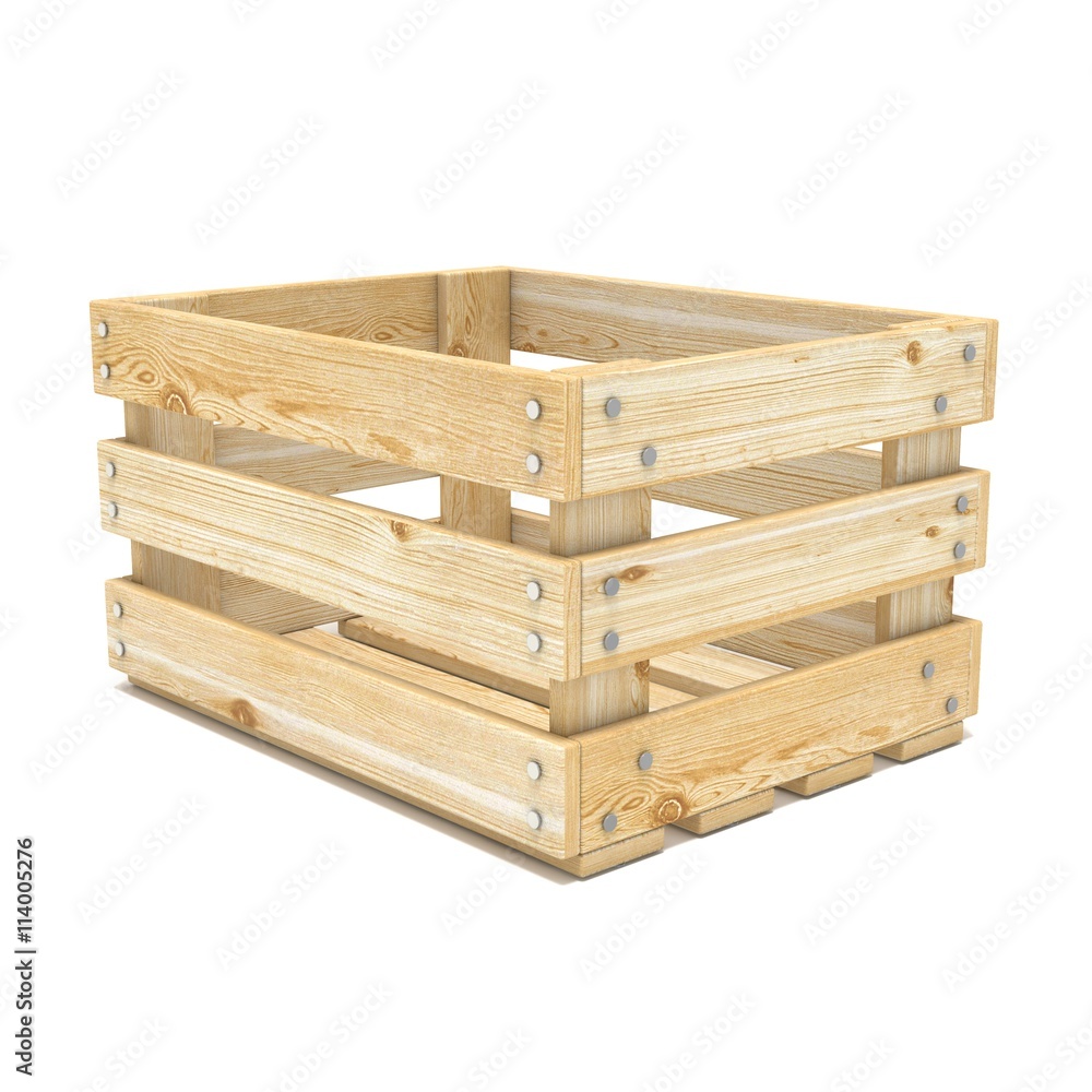 Empty wooden crate. Side view. 3D render illustration isolated on white background Empty wooden crate. Side view. 3D render illustration isolated on white background