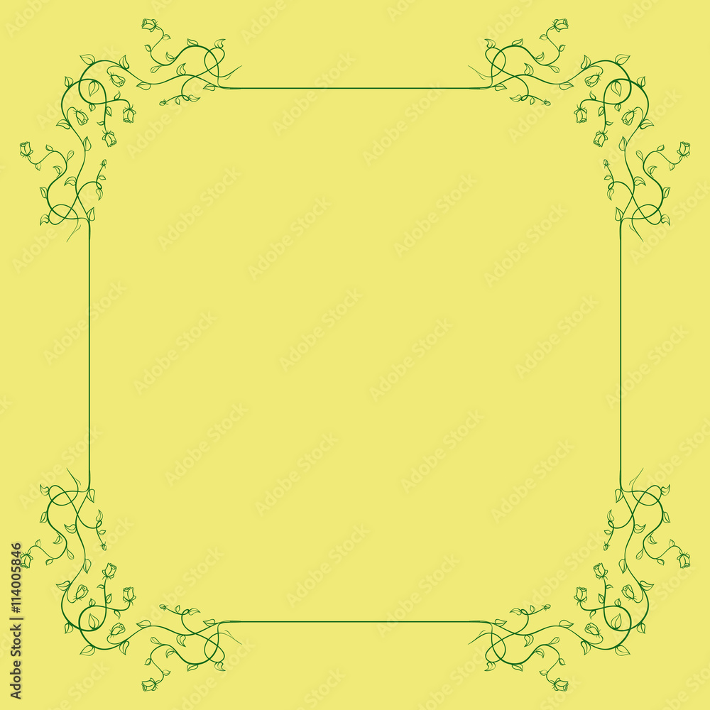 Green Floral Frame on a Yellow Background