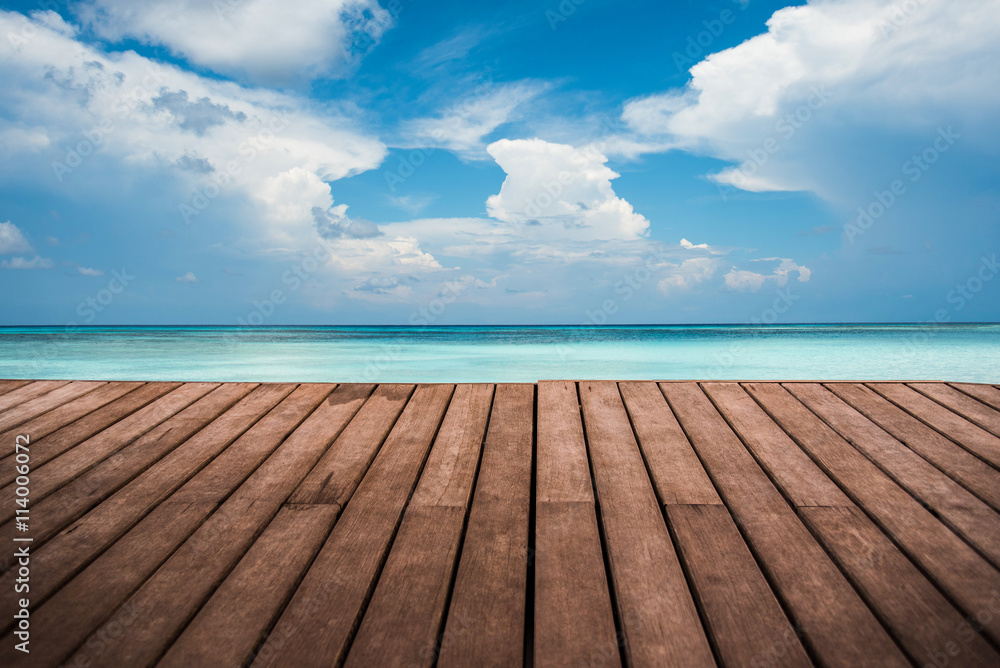 perspective empty wooden terrace with sea and sky background