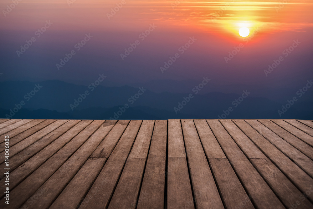 perspective empty wooden terrace with mountain in twightlight ti