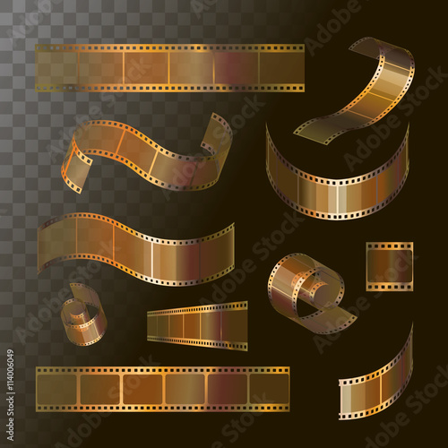 Camera film roll gold color, 35 mm, festival movie icons, vector illustration
