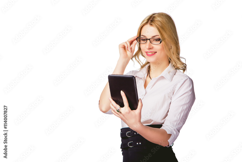 girl on a white background with a tablet in hand, online help girl on a white background with a tablet in hand, online help