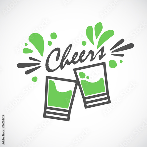 Two glasses. Party design. Cheers! Hand drawn elegant phrase for