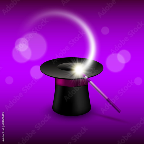 Magic cylinder hat with magic wand. Magic show performance design vector illustration