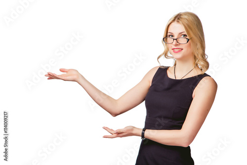 Business woman on white background Presentation of services