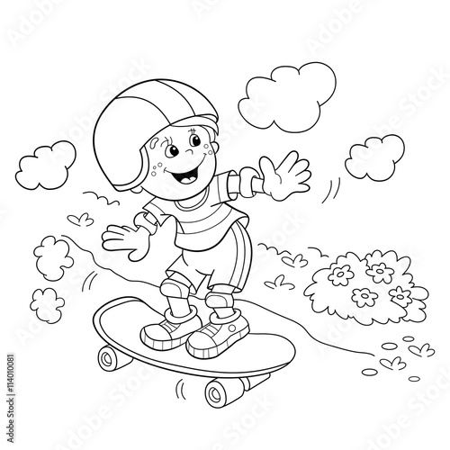 Coloring Page Outline Of cartoon Boy on the skateboard