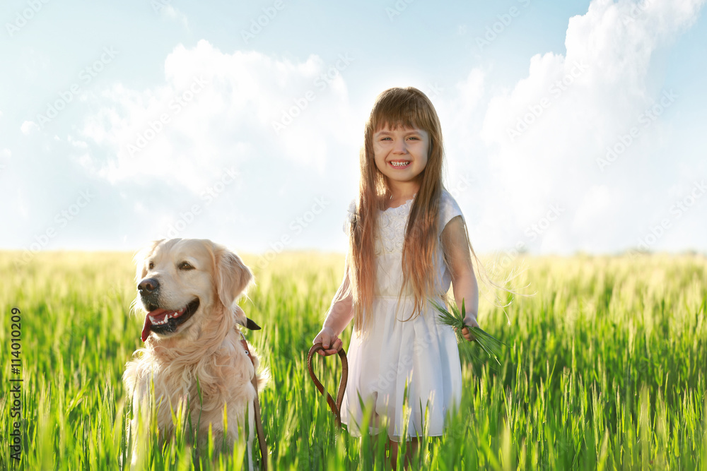 Little girl and big kind dog on the meadow Little girl and big kind dog on the meadow
