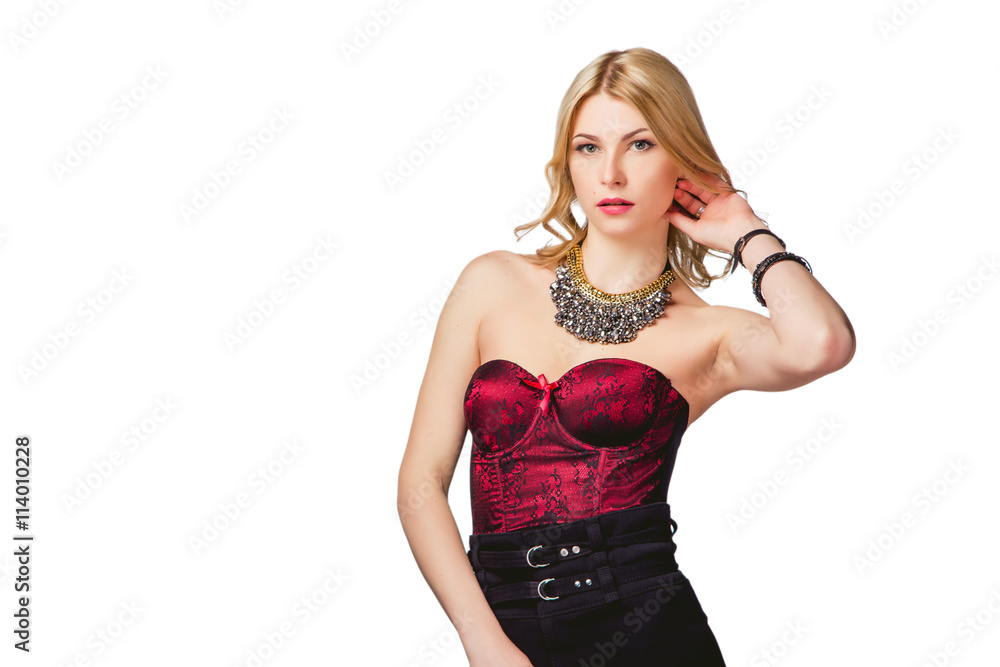 sexy blonde on a white background in an evening dress sexy blonde on a white background in an evening dress