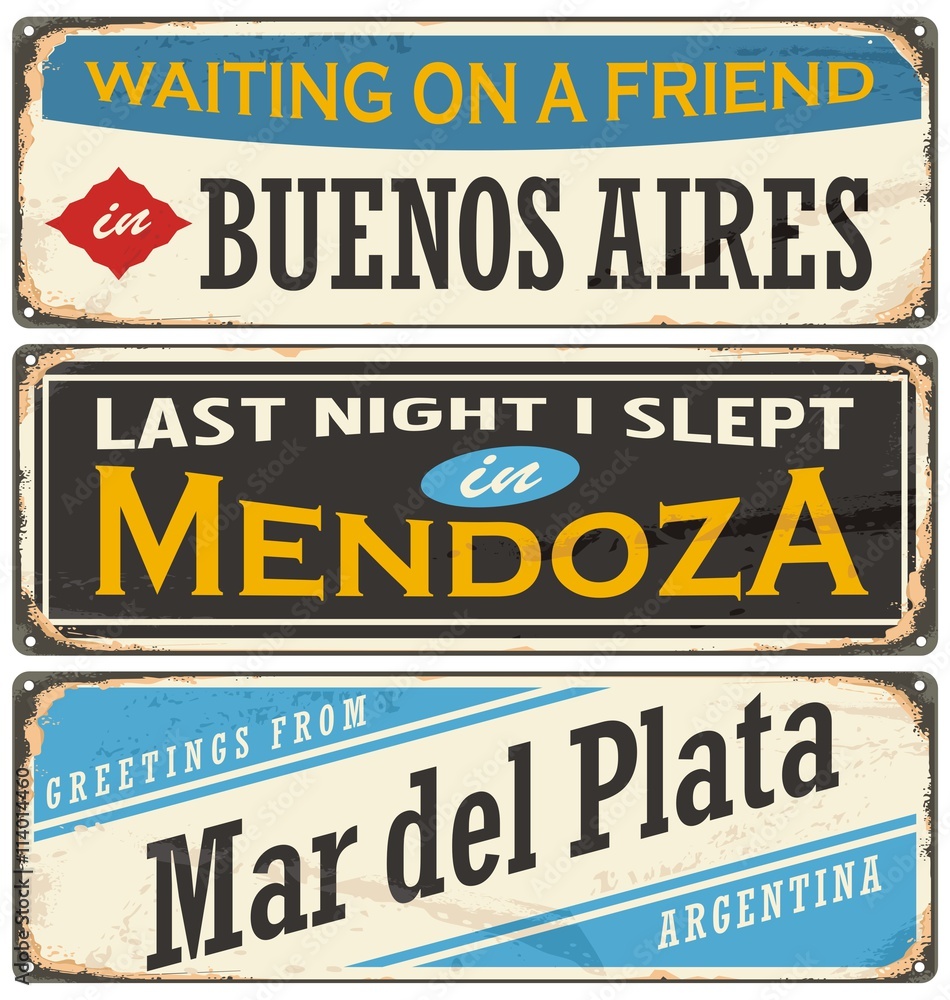 Retro tin sign collection with Argentina cities