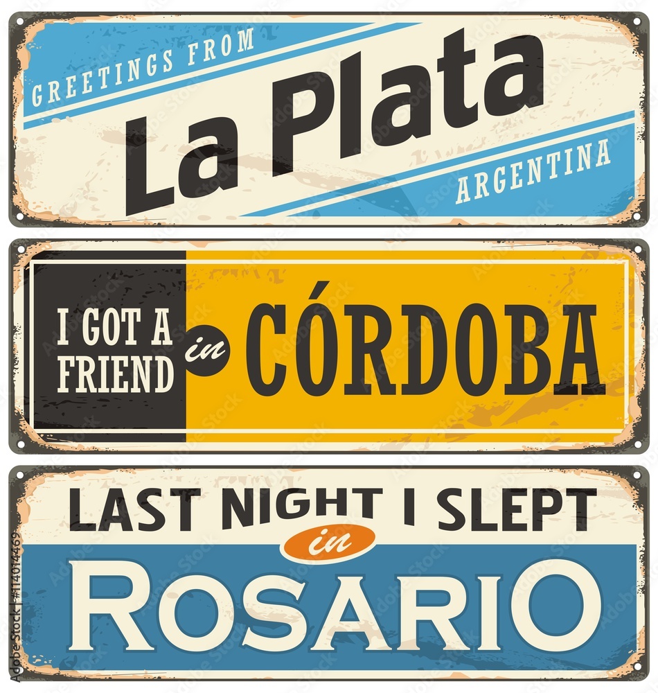 Fototapeta premium Vintage tin sign collection with Argentina city names