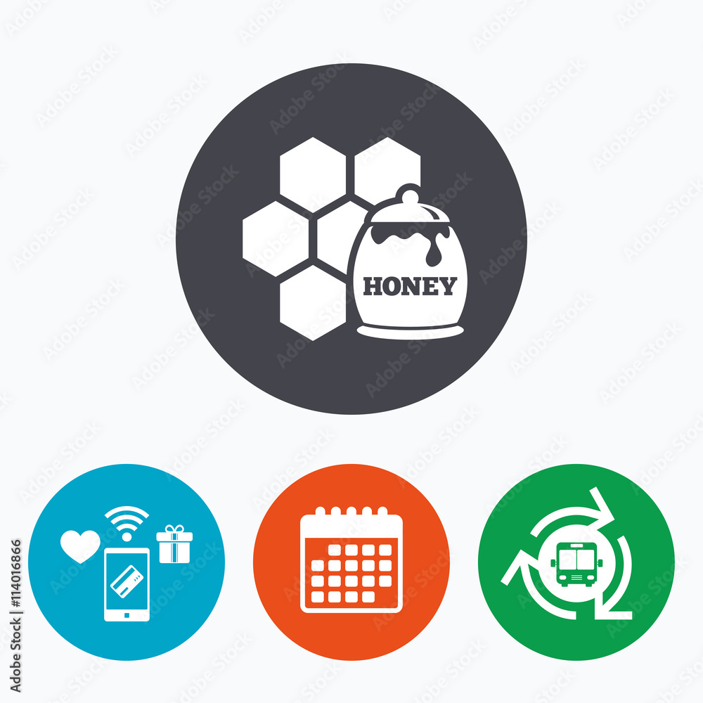 Honey in pot and honeycomb sign icon. Honey in pot and honeycomb sign icon.