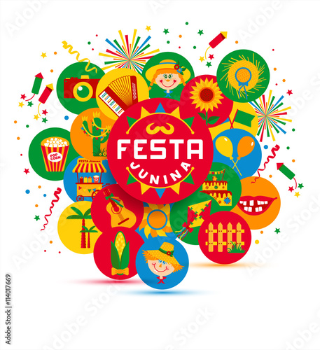 Festa Junina village festival in Latin America. Icons set in bri
