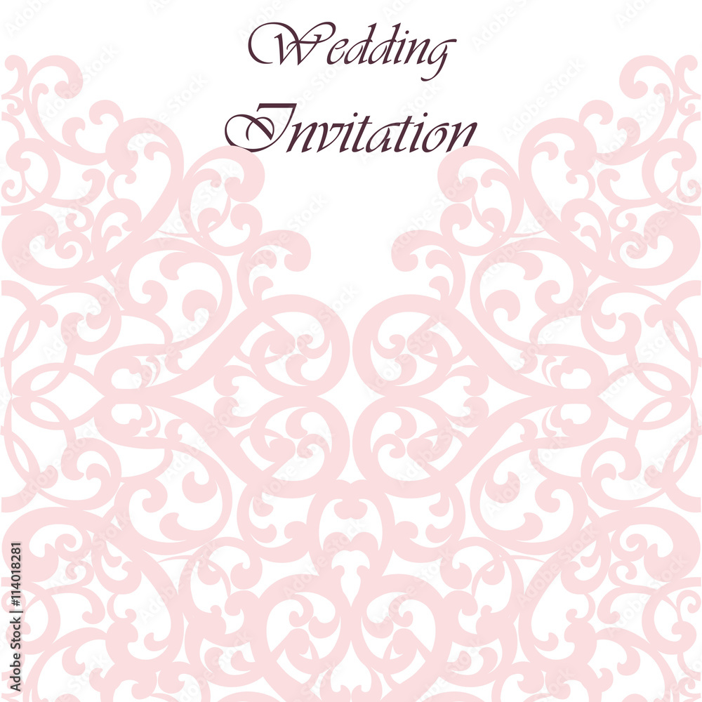 Wedding Invitation card with lace ornament. Rose quartz color. Vector