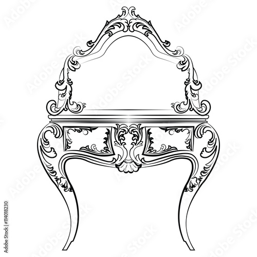 Dressing table with mirror in classic baroque style with luxurious ornaments. Vector sketch