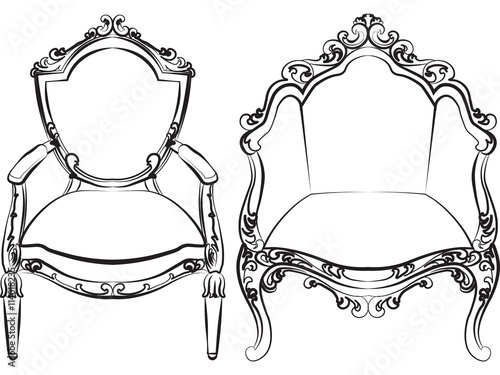 Elegant armchair set with luxurious rich ornaments. Baroque Imperial luxury style furniture. Vector