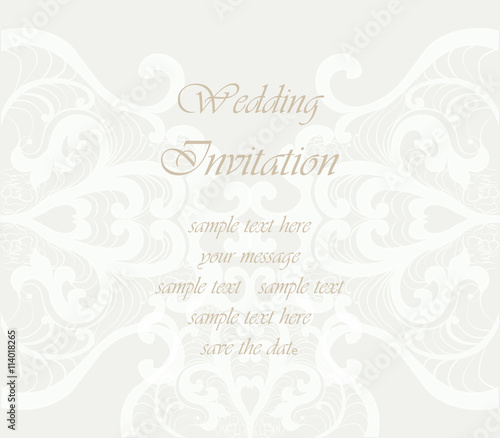 Wedding Invitation card with lace ornament. Beige color. Vector