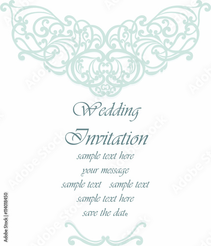 Wedding Invitation card with lace ornament. Opal blue color. Vector