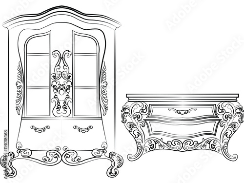Glass case and commode table. Elegant furniture with drawers rich ornamented. Baroque Luxury style furniture. Vector
