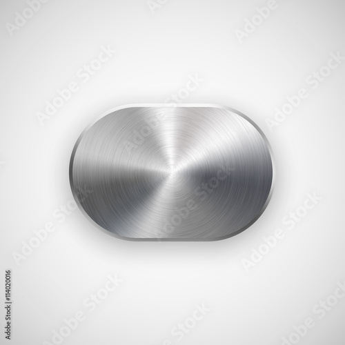 Abstract technology geometric badge, blank button template with metal texture, chrome, silver, steel and realistic shadow for logo, design concepts, prints, web, interfaces, UI. Vector illustration.