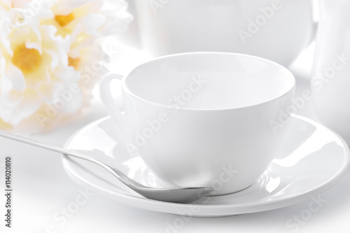 Fototapeta Naklejka Na Ścianę i Meble -  delicate white tea cup and saucer close-up with decorated background
