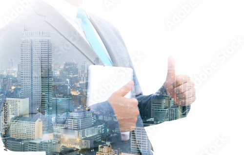 Business concept, double exposure of businessman with city