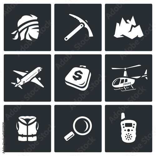 Vector Set of Mountain rescue Icons. Man, Ice Ax, Top, Aircraft, Luggage, Helicopter, Life Jacket, Magnifier, Portable Radio.