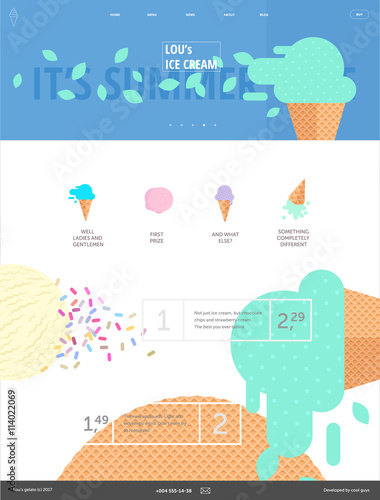 ce cream website pink template - web layout componed of web banner with ice cream flat cartoon illustration,header, menu,icons, ice cream scoops on background and template for product menu and prices photo