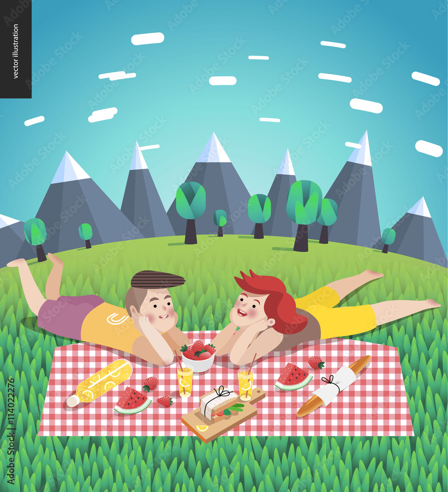 Young couple on picnic - flat cartoon vector illustration of woman and man  laying down on checkered