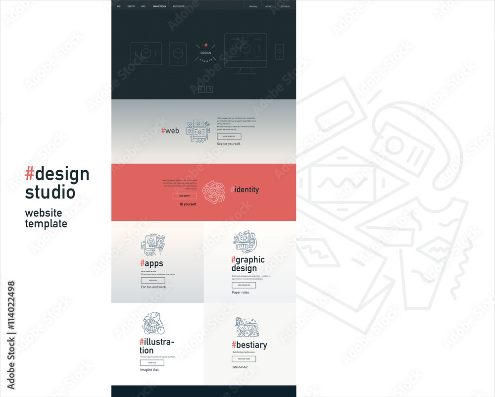 Design studio website flat contemporary template - website layout on design with topic blocks of graphic design, web design, identity, illustration, application development, company profile, bestiary Design studio website flat contemporary template - website layout on design with topic blocks of graphic design, web design, identity, illustration, application development, company profile, bestiary