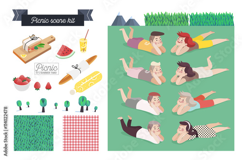 Picnic scene kit - a collection of vector cartoon elements for picnic scene creating. Few couples - young man and woman laying together on grass, checkered plaid and grass field patterns, few food