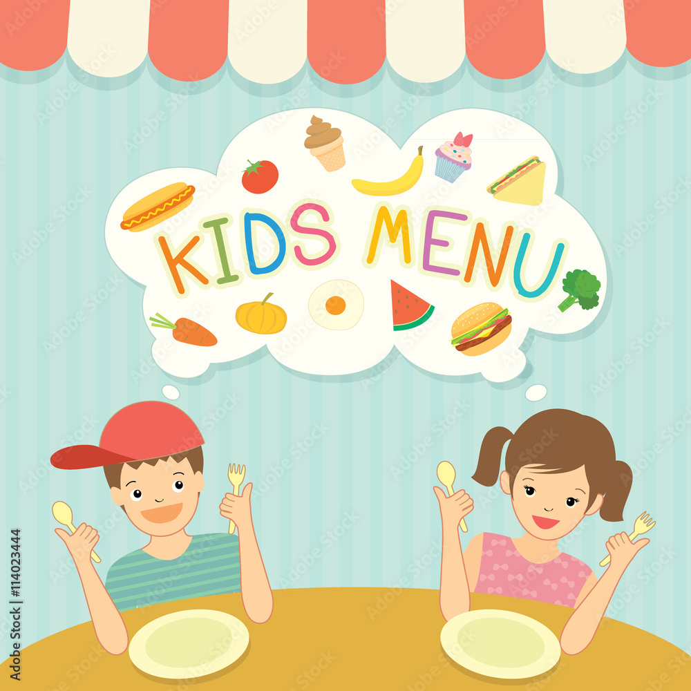 Boy and girl was eating for kids menu template board decoration with ingredient food meal and dessert. .Illustration vector cute cartoon. Boy and girl was eating for kids menu template board decoration with ingredient food meal and dessert. .Illustration vector cute cartoon.