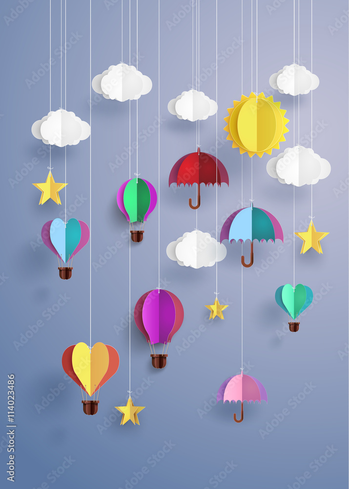 Obraz premium Hanging Hot Air Balloons and Umbrellas in Paper Cut