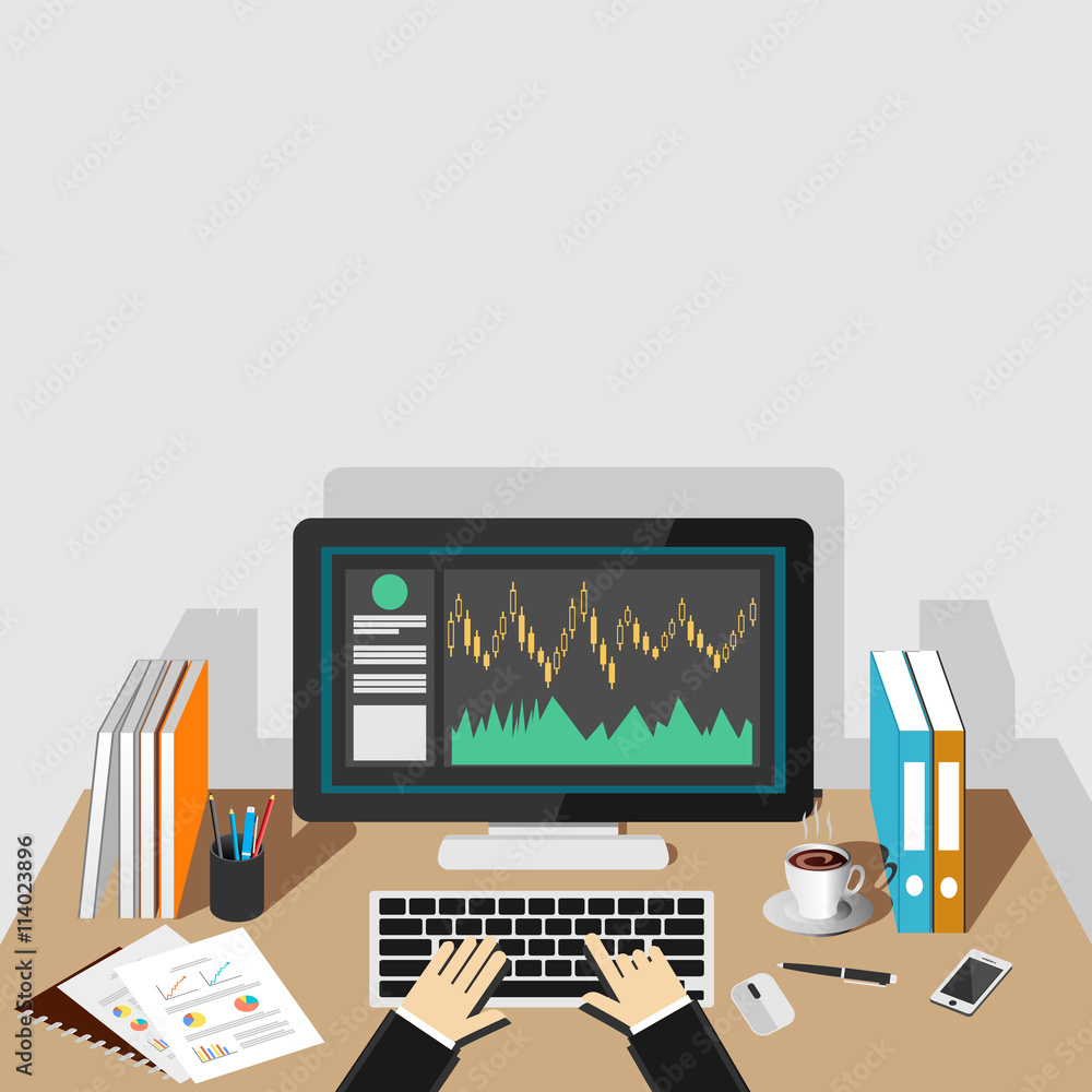Stock market illustration. Monitoring trade or analyzing graph on desktop screen.
Stock market illustration. Monitoring trade or analyzing graph on desktop screen.