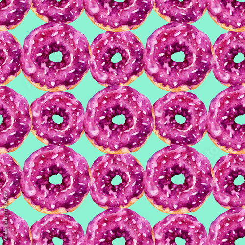 Seamless pattern with delicious donuts. Watercolor illustration.