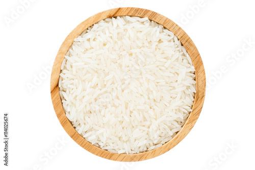 close up wooden bowl of jasmine rice grain isolated on white background