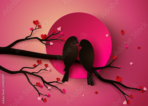 Romantic Love Birds on Cherry Blossom Branch at Sunset