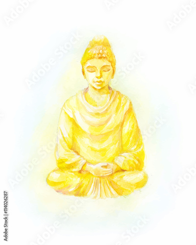 Gold Buddha statue watercolor illustration. Colorful retro illus