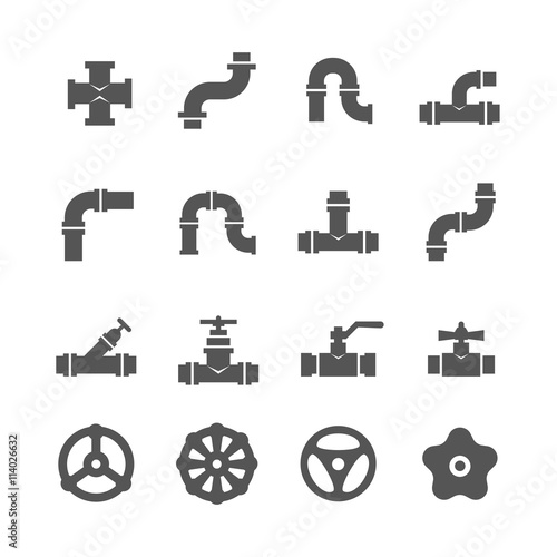 Valve, taps, pipe connectors, pipe details vector icons set. Set of pipe and tube with valve illustration